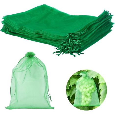 Sac de Protection de Raisin, Sacs Organza avec Cordon, Sac Protection Fruits, Sachet Protection Raisin Organza réutilisable, pour Protéger Contre Les Guêpes, Oiseaux (Vert Herbe 60 Pièces,20x30cm) (1/5)