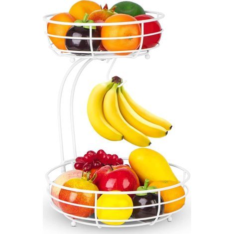 Obstregal, zweistöckiger Obstkorb und Bananenhalter, Obstschale für die Arbeitsplatte, Metallschalen für Obst und Gemüse, ideal zur Aufbewahrung von Obst, Gemüse, Snacks und Cupcakes (weiß) (1/5)