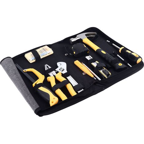 Kit de réparation domestique 16 pièces avec clé, pince coupante, cutter, testeur de tension, marteau arrache-clou et tournevis pour électricien (1/5)