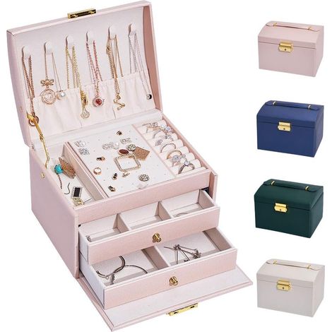 Boîte à Bijoux, Rangement Bijoux Verrouillable, Coffret Bijoux Femme avec 2 Tiroirs et 3 Couches, Rangement pour Montre, Collier, Bague, Bracelet, Idée Cadeau (Rose Grande Taille) (1/5)