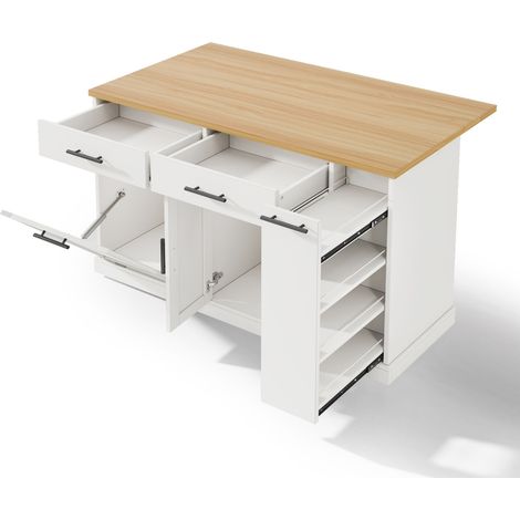 Îlot de cuisine sur roulettes avec plan de travail rabattable, chariot de cuisine avec meuble poubelle, étagère à épices à 4 niveaux, 2 tiroirs et roulettes verrouillables, 120 × 45 (70) × 93 cm (1/5)