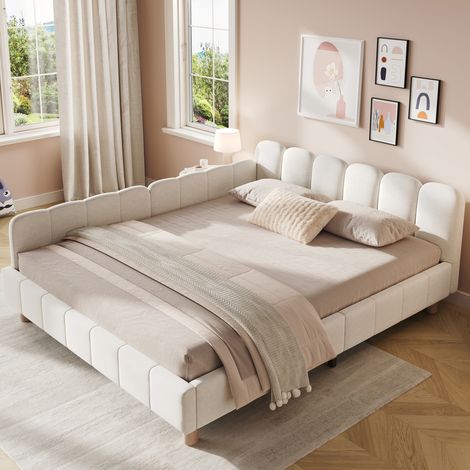Kinderbett (140 x 190 cm), mit Sicherheitsbarriere, gepolstertem Kopfteil, Taschen, Samt, Beige (1/5)