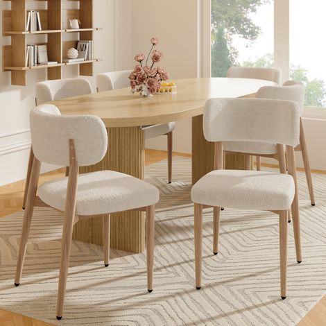 Lote de 6 sillas de comedor en metal efecto madera con revestimiento bouclé beige natural (1/5)
