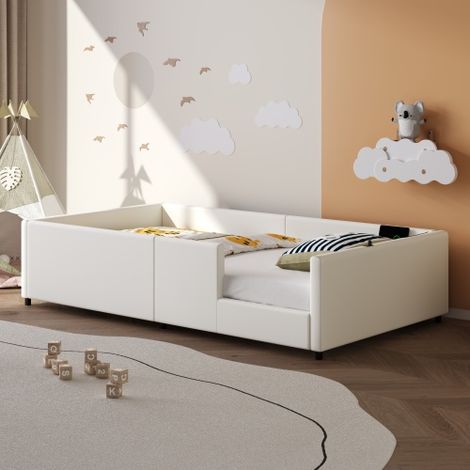 Lit enfant 90x200 cm avec barrière de sécurité, ports USB/Type-C, sommier à lattes, sans matelas, blanc (1/5)
