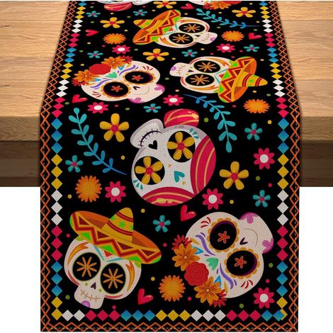 Chemin de table mexicain pour la Fête des Morts, imprimé floral et crânes, décoration d'Halloween pour salon et meuble TV - 30 x 180 cm (polyester) - WSJZQ-19