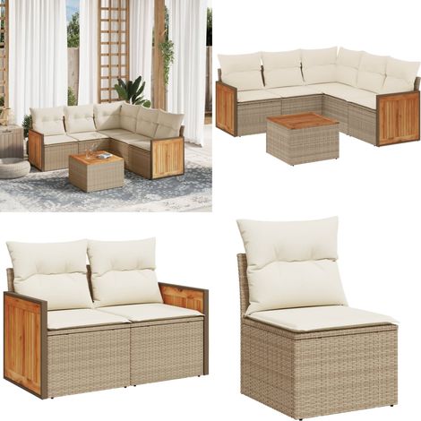 6-tlg. Garten-Sofagarnitur mit Kissen Beige Poly Rattan - Gartenmöbel Set - Rattan Möbel - Outdoor Lounge - Esstisch - Sofasatz - Home & Living (1/5)