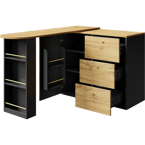 Table de bar extensible avec rangement, plateau MDF 138-204×39×104 cm, rotation 360°, buffet contemporain avec tiroirs et étagères (1/5)