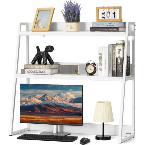 Étagère à Poser sur Bureau à 2 Niveaux, Bibliothèque de Bureau 95 x 32 x 90 cm, Organisateur de Bureau avec Pieds Antidérapants, Support de Rangement Stable pour Maison Dortoir Bureau, Blanc (1/5)