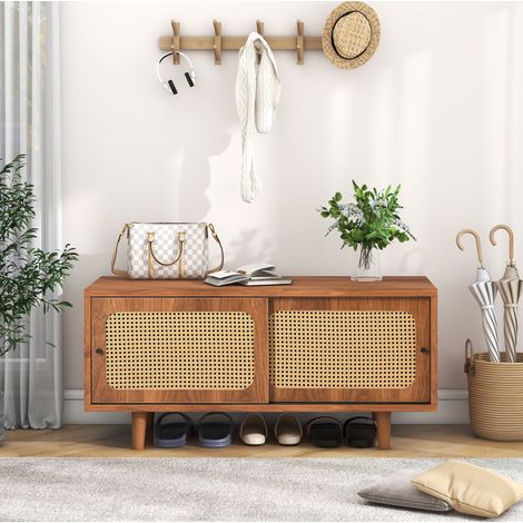 Mobile portascarpe a 2 ante con ripiano regolabile effetto rattan, noce DESVIAE (1/5)
