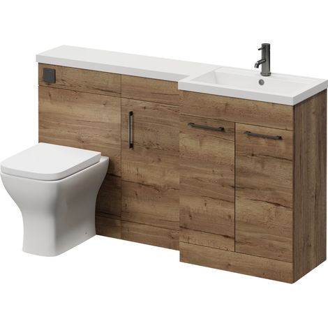 Napoli 390 Tobacco Oak 1500mm 3 Door Vanity Unit Toilet Suite with Right Hand Square Lucia Basin - 1500mm - Gunmetal Grey 160mm HandleWith Kingston Toilet Pan and Seat