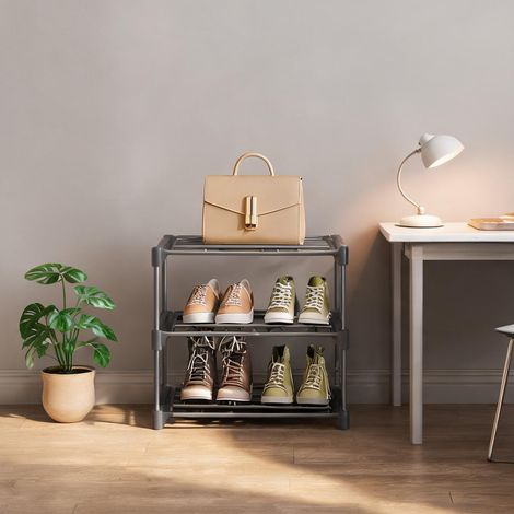 Meuble de rangement pour chaussures 3 étagères métal gris pose (1/5)
