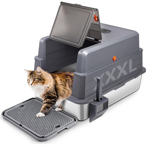 1 Bac à litière, Acier inoxydable, Couvercle, Pelle, Pédale, Contrôle des odeurs, Pour chat