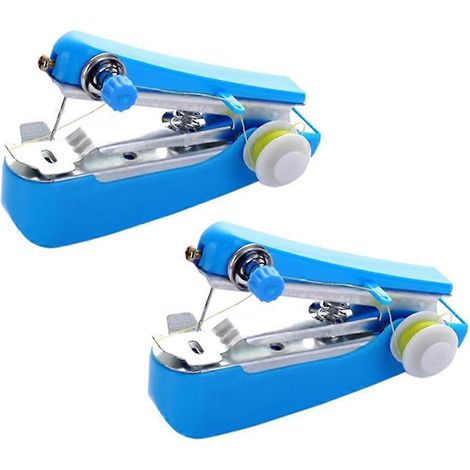 Lot de 2 mini machines à coudre portables et manuelles pour usage domestique, bleues, format compact pour les loisirs créatifs. (1/5)