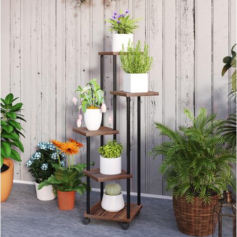 Étagère à plantes 5 niveaux avec roulettes, porte-plantes en bois et métal noir pour intérieur extérieur, 110 cm, stable et décorative  CHICFURN (1/5)