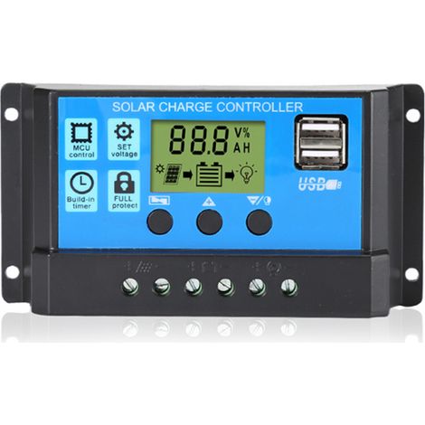 Controlador de carga solar de 30 A y 12 V/24 V con detección automática, parámetros PWM ajustables, pantalla LCD, dos puertos USB y modo de temporizador óptico para la automatización de la iluminación (1/5)