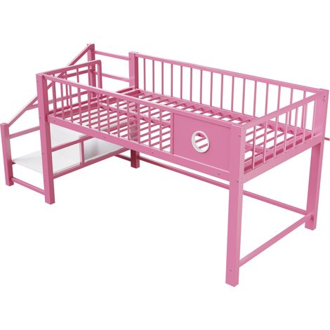 Cama alta baja infantil 90 x 200 cm de metal rosa con escalera de almacenaje (1/5)