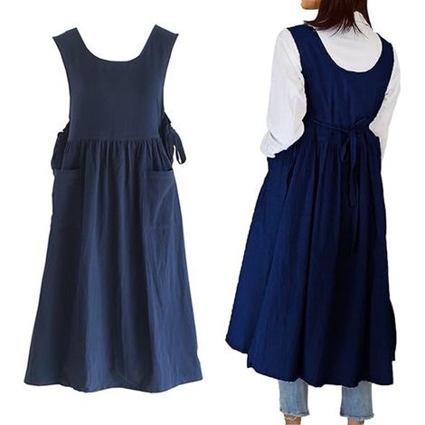 1 Grembiule da donna, modello lungo (110 cm), due tasche, spacchi laterali, stile vintage, ideale per la pulizia di mobili, composizioni floreali, panetteria, bar, ecc., blu (1/5)