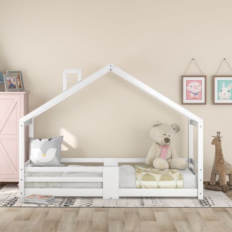 Lit cabane pour enfant avec cheminée protection contre les chutes sommiers à lattes robustes, en bois de pin pour enfants, 90 x 200 cm, blanc (1/5)