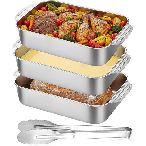 3 PCS Plats à Paner en Acier Inoxydable, Plat de Cuisson Chapelure Rectangulaire, Empilables Bac Alimentaire avec Pince à Paner, pour Viande, Poisson, Légumes, Gratin, 32x19x5 cm (1/5)