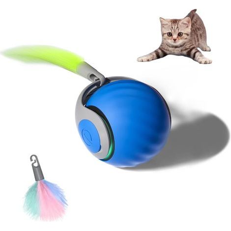 Nueva pelota interactiva para gatos y perros, juguete para gatos con cola esponjosa, pelota inteligente para perros que rueda 360°, cola veloz, pelota inteligente para gatos, azul (1/5)