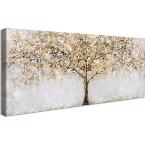 Cadre en Bois Impression sur Toile Arbre Brillant Tableau Peinture Affiche Decoration Murale Abstrait Image sur Toile Arbre de La Vie Grande Tableau Decoration Murale Salon Chambre Couloir 50x120cm (1/5)