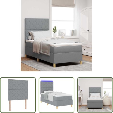 Lits LED - Lit à ressort LED avec matelas Gris clair 100 x 200 cm tissu (1/5)