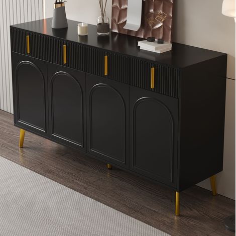 MEUBLIV Buffet 140 x 38 x 82 cm noir – 4 portes, 4 tiroirs, étagères amovibles (1/5)