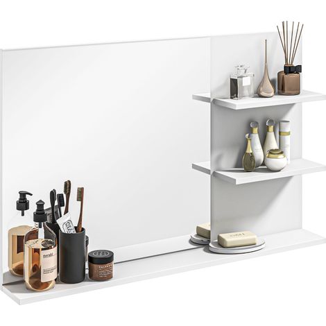 Miroir de salle de bain mural avec 2 étagères latérales et une étagère inférieure pour entrée/couloir, 75 x 10 x 48 cm, blanc (1/5)