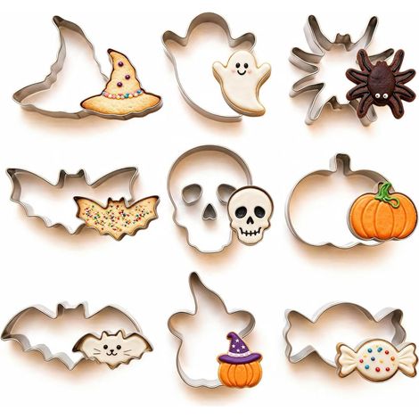Set 9 Emporte Pièce Halloween Acier Inoxydable - Moule à Biscuit Citrouille Fantôme Sorcière - Chat Araignée Moule Gateau Halloween & Décoration Pâtisserie (1/5)