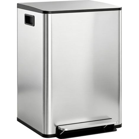 Poubelle en acier inoxydable 60L à double compartiment, munie de supports de déodorant, finition argentée élégante