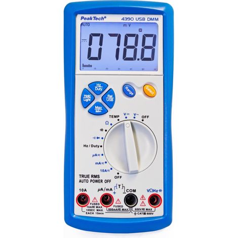 Multimetro digitale PeakTech True RMS 6000 conteggi con USB, tester di continuità e autorange - CAT III 600V, 1 pezzo, P 4390, blu bianco (1/4)