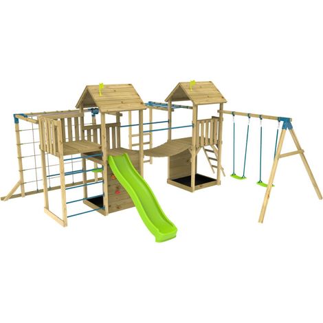 Aire de jeux XXL Camélée Skywood : toboggan, tyrolienne, double tour, pont de singe, balançoires, filet, mur d'escalade, bois FSC®