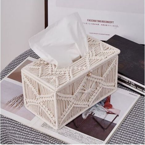 Caja de pañuelos de algodón tejido, blanca, 25 × 14 × 14 cm, práctico almacenamiento para el baño o el salón (1/4)