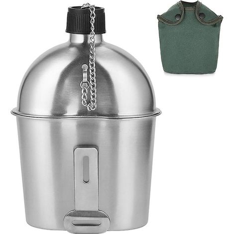 Set aus 2 Edelstahl-Trinkflaschen (1000 ml + 600 ml) mit Deckel und Tasche für Camping und Wandern