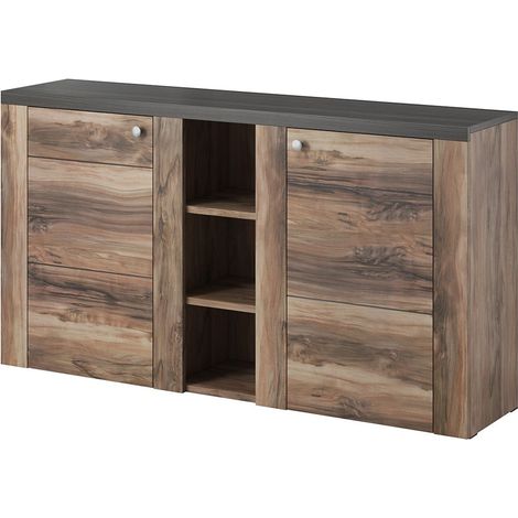 Buffet-Design 155cm für Wohnzimmer in Nussbaumfarbe und Schwarz mit Holzeffekt, Kollektion SANTIAGO.