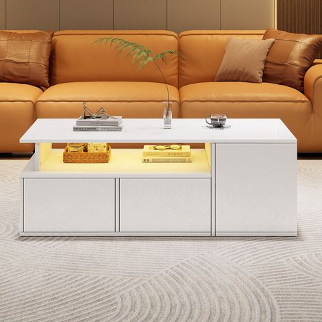Table basse LED 100 x 50 x 35 cm blanche brillante 2 tiroirs 9 rangements contrôle via app USB, charge 60 kg salon moderne chic (1/5)