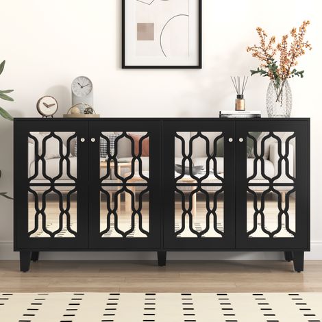 Buffet miroir noir avec poignées en cristal stylées,quatre portes,avec stratifié mobile pour le salon et la salle à manger,160 x 40 x 84 cm