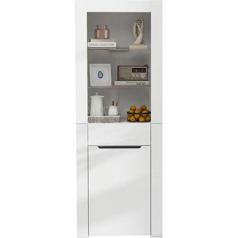 Vitrine avec 1 Porte, 1 Tiroir et 2 Étagères, LED Contrôlée par Application, Brillant Blanc, en Panneaux, 60×35,5×165 cm