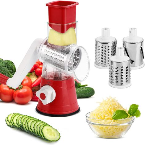 Rotary Cheese Grater 3 Drum Blades Cheese Grater Rotary Handheld Fruit Vegetable Slicer Shredde for Vegetables Carrots Nuts (Red) (1/5)