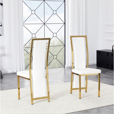 Lot de 2 chaises de salle à manger blanches et dorées en PU, dossier haut et entretien facile – hauteur 109 cm (1/5)