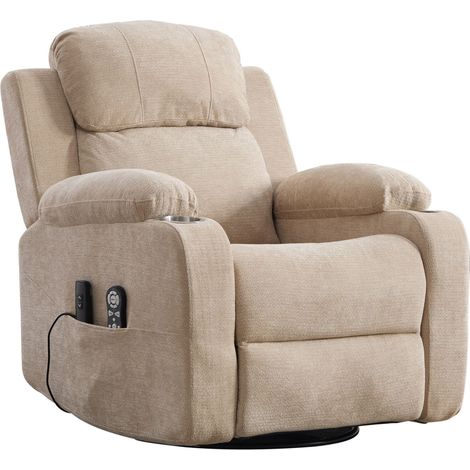 Fauteuil relax électrique pivotant à 360°, avec fonction massage et chauffage, dossier et repose-pieds réglables électriquement, poches de rangement latérales et porte-gobelets, kaki clair (1/5)