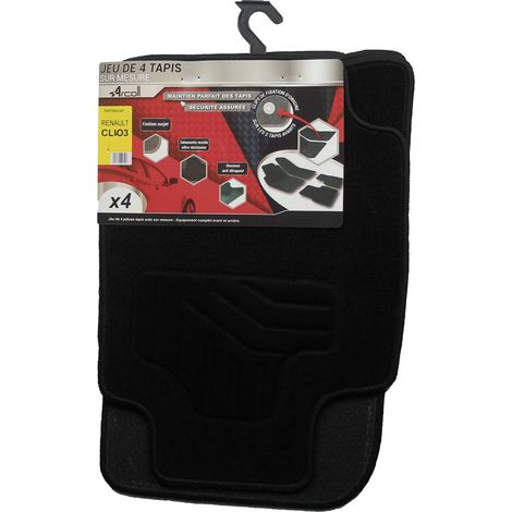 Lot de 4 tapis sur mesure Renault Clio 3 05/05-09/2012 – Moquette noire 650 g/m2 – Sous couche granulée – Talonnette textile soudée – Arcoll