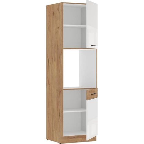 Colonne de cuisine mélaminé chêne Lancelot et blanc brillant – Largeur 60 cm – Hauteur 210 cm – 2 portes – Niche pour four encastrable (1/2)