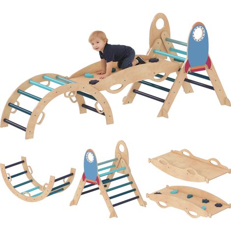 8 en 1 Triángulo de Escalada Montessori de Madera Tema de Cohetes con Arco y Rampa para Niños de 18-48 Meses Azul (1/5)