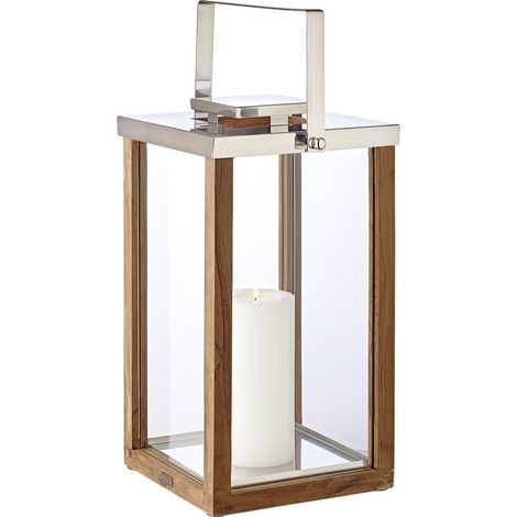 Lanterne Tempête Miami avec Poignée Pliable Bois et Acier Inoxydable Nickelé Brillant H 61,5 cm - PANGIVO (1/5)