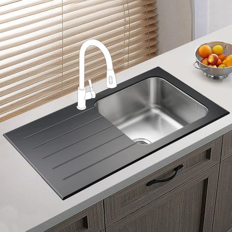 JASSFERRY  Black Glass Top Kitchen Sink Stainless Steel 1 Bowl Left Hand Drainer Glossy Drainboard, 860 x 500 mm