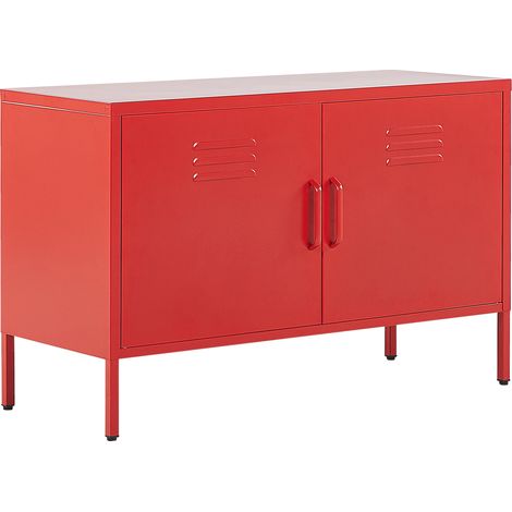Aparador de metal rojo 100 x 40 cm 2 puertas estantes protectores patas Uria (1/5)