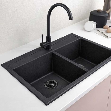 Fregadero Pila Cocina granito 86x49 cm Bajo/Sobre encimera 2 senos Serie Granite Sink Marte - Negro (1/4)