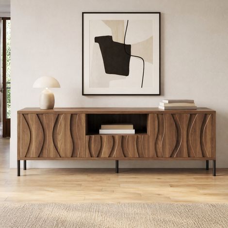 Meuble TV 160 cm marron, meuble tele bas avec 3 portes ondulées et Gestion des Câbles, Pieds en fer, design italien élégant (1/5)