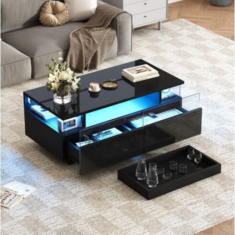 Table basse 90x45x35.5 cm noire en MDF et verre trempé avec 2 tiroirs, plateau amovible, LED et finition brillante (1/5)